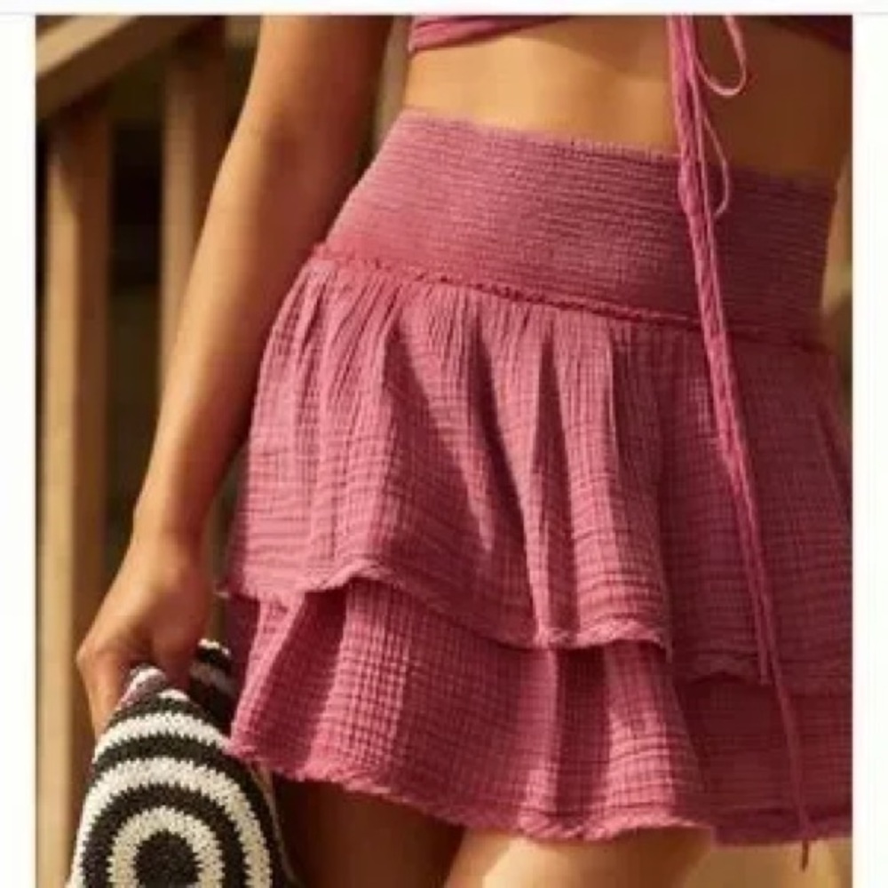 Anthropologie Red-Maroon Skater Mini Skirt Smocked Tiered Casual